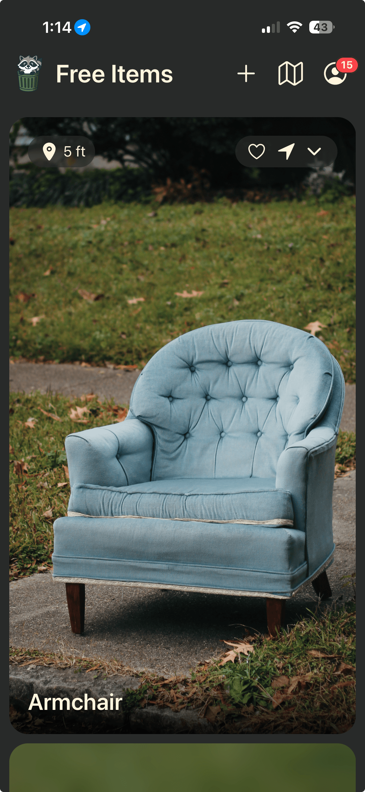 Curby feed showing a free armchair nearby