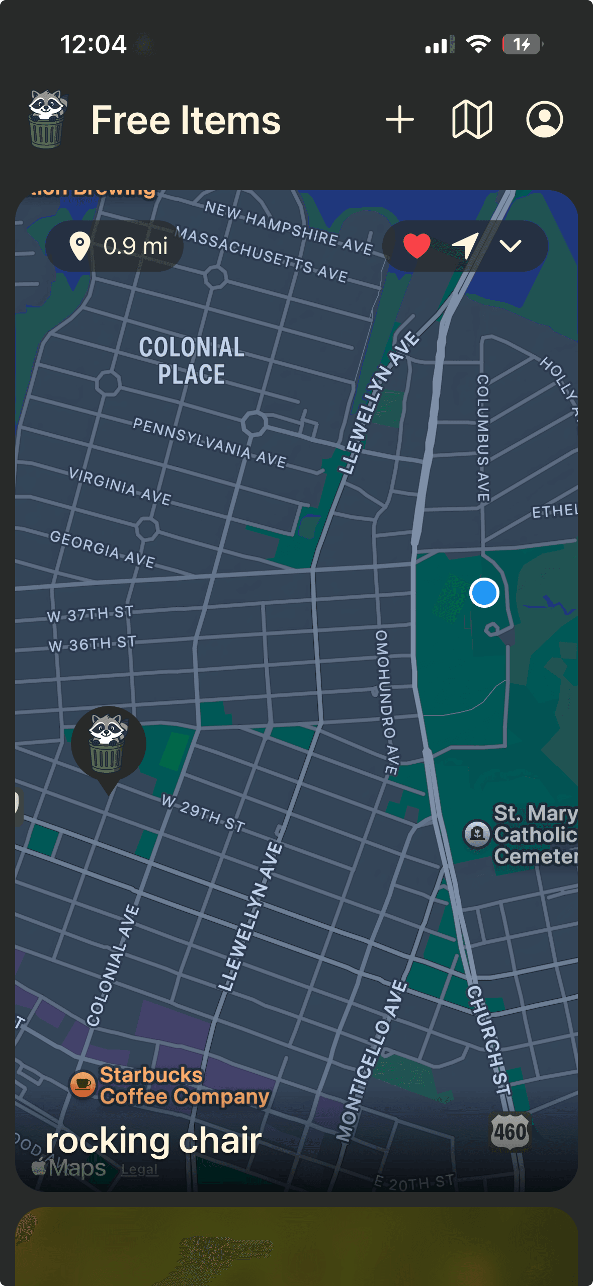 Curby item card flipped to show the pickup map