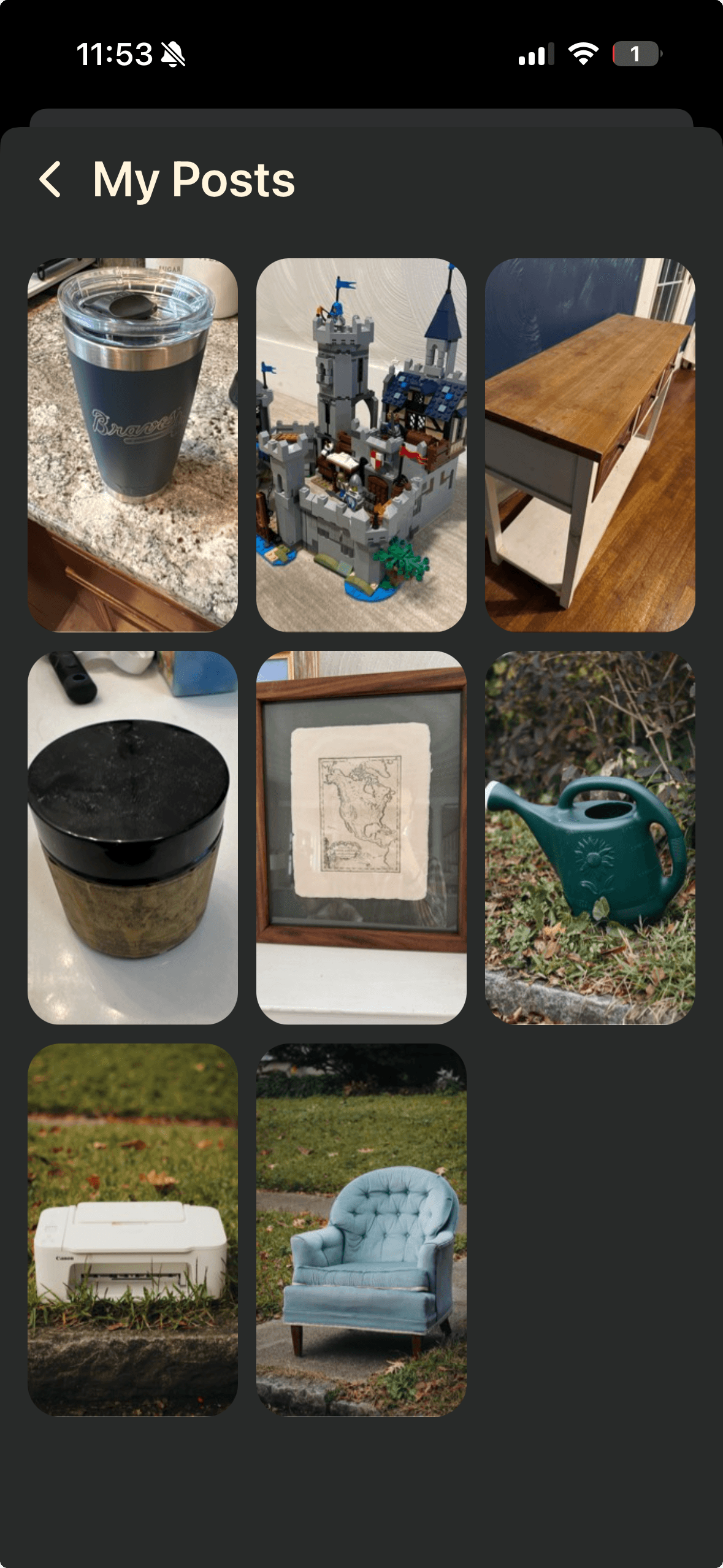 Curby My Posts screen showing posted items